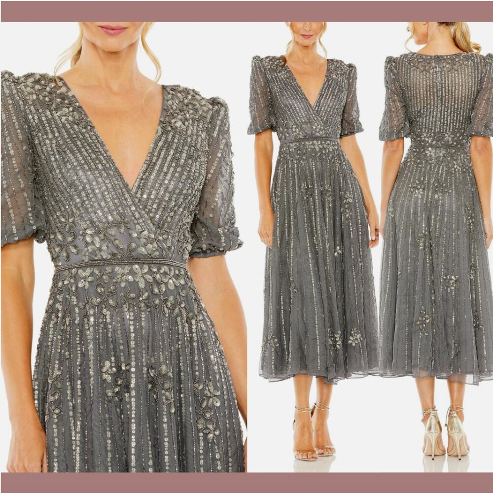NWT $598 Mac Duggal [ 6‎ ] Puff Quarter Length Sleeve V Neck Dress Pewter #Q774
